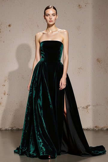 Dark Green Strapless A-Line Velvet Evening Dress With Slit